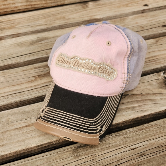 Silver Dollar City Rhinestone Worn Denim Patch Hat Pink Blue Distressed - Picture 1 of 5
